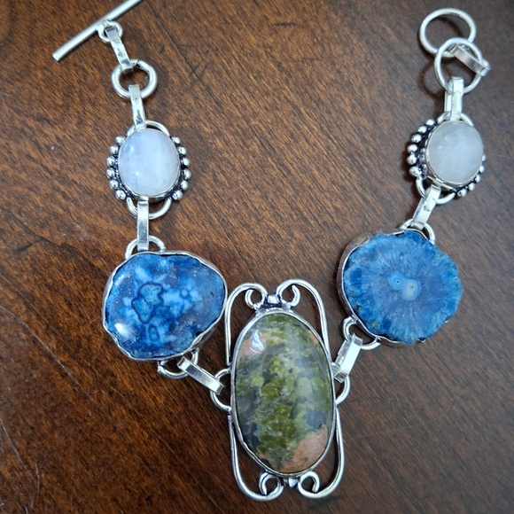 New Unakite, Rainbow Moonstone, Agate Geode Slice 925 Silver Bracelet. - Picture 4 of 10